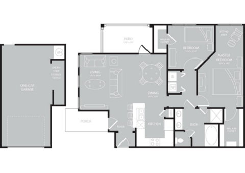 Floor plan for 2 beds, 1 bath, 1088 sqft